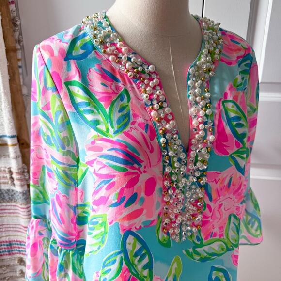 Lilly Pulitzer Elenora Multi Totally Blossom 100% Silk Embellished Dress Small - Picture 2 of 10